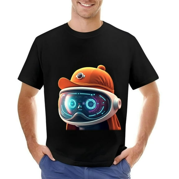 Men's Cotton Short Sleeve T-Shirt with Vibrant Cartoon Character Graphic Futuristic Visor & Orange Design