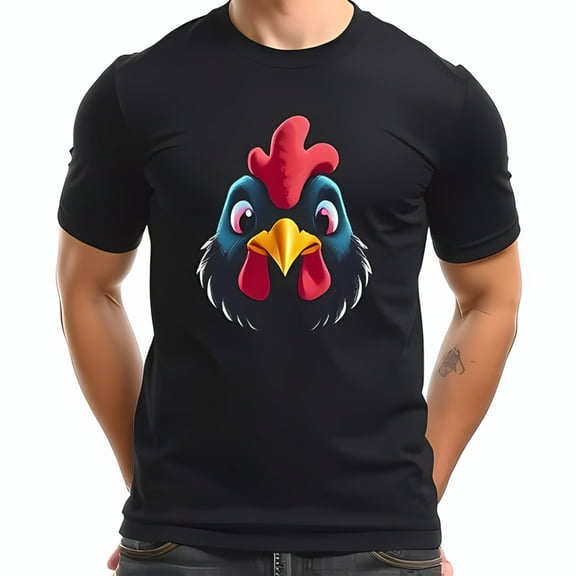 Men's Cotton Short Sleeve T-Shirt with Vibrant Cartoon Rooster Face Design - Fun & Casual Wear
