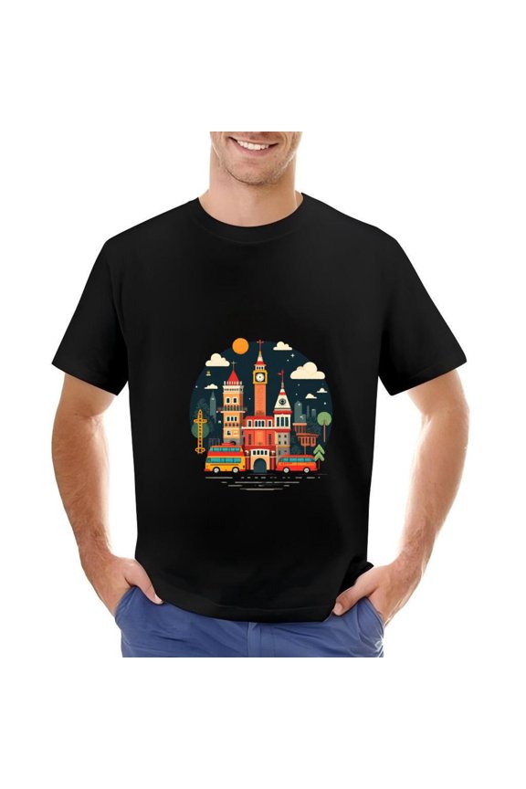 Men's Cotton Short Sleeve T-Shirt with Vibrant Cityscape Design Featuring Clock Tower Moonlit Night Sky and Colorful Architectural Elements