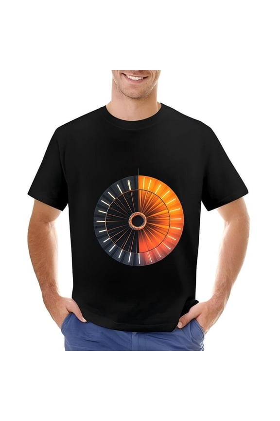 Men's Cotton Short Sleeve T-Shirt with Vibrant Concentric Circle Design - Dark to Bright Orange Gradient Pattern
