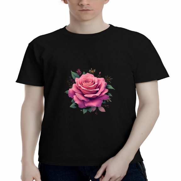 Men's Cotton Short Sleeve T-Shirt with Vibrant Design Detailed Petals & Colorful Floral Accents on Black Background