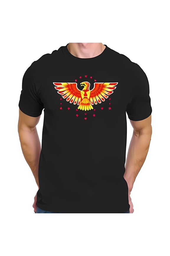 Men's Cotton Short Sleeve T-Shirt with Vibrant Eagle Graphic in Red and Orange Majestic Wings Design Casual Wear