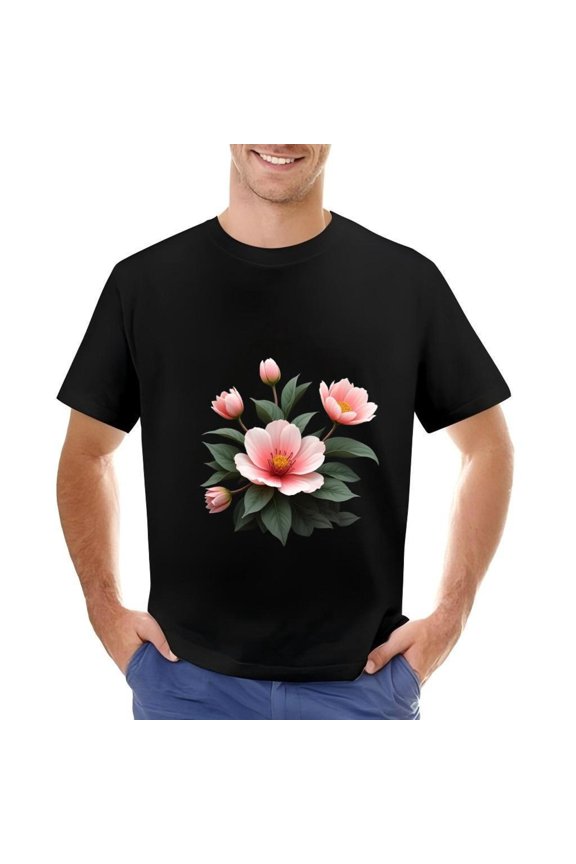 Men's Cotton Short Sleeve T-Shirt with Vibrant Floral Design - Large Pink Flower with Yellow Stamens and Green Leaves - Stylish Casual Wear