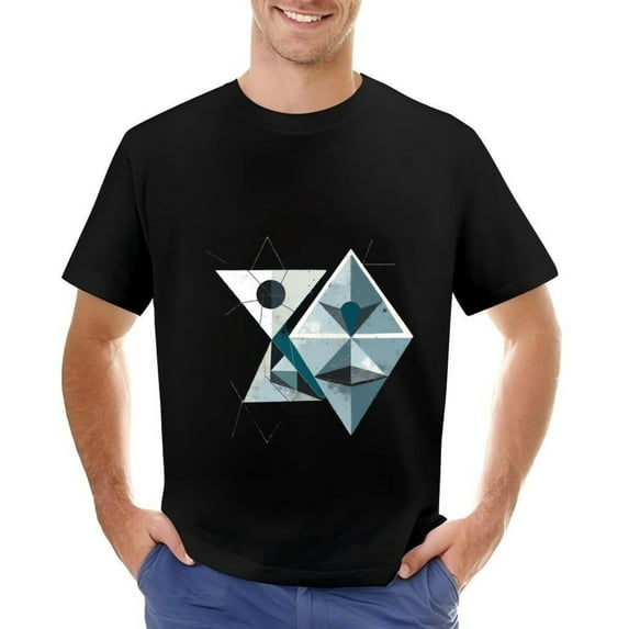 Men's Cotton Short Sleeve T-Shirt with Vibrant Geometric Design - Overlapping Blue and White Triangles on Black Background