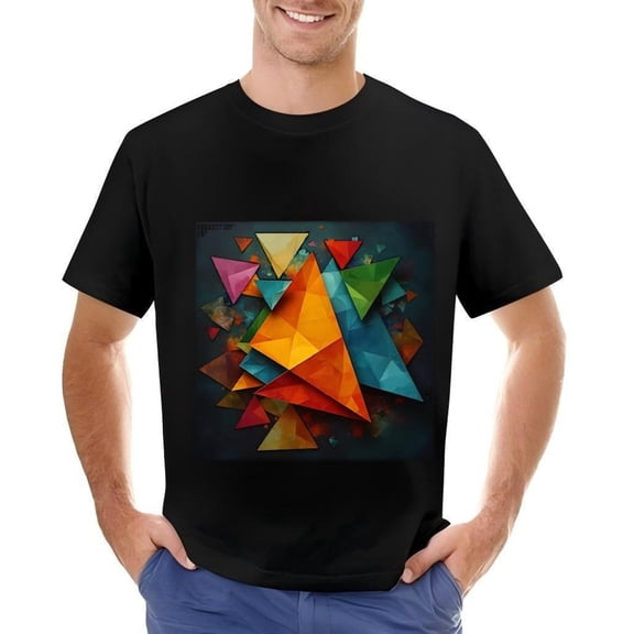 Men's Cotton Short Sleeve T-Shirt with Vibrant Geometric Shapes in Orange Yellow and Red - Modern Abstract Design on Dark Background