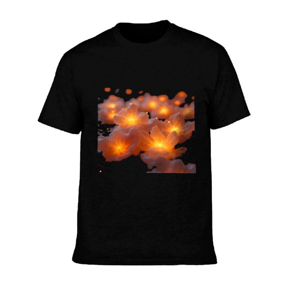 Men's Cotton Short Sleeve T-Shirt with Vibrant Glowing Floral Pattern - Ethereal Orange Light Design on Dark Background