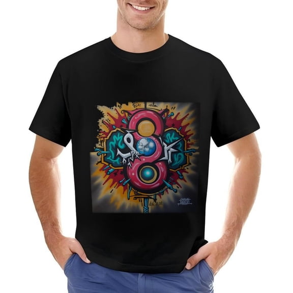 Men's Cotton Short Sleeve T-Shirt with Vibrant Graffiti Art - Bold Red & Pink Number 8 Design Colorful Abstract Shapes Street Art Style
