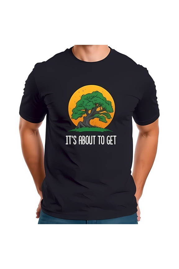 Men's Cotton Short Sleeve T-Shirt with Vibrant Green Tree and Glowing Orange Sun Graphic - " IT'S ABOUT TO GET " Design