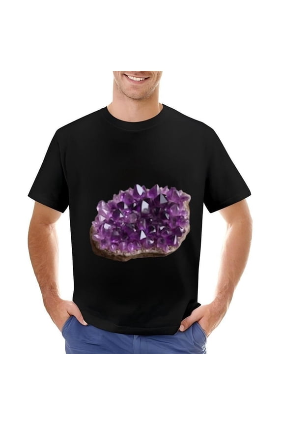 Men's Cotton Short Sleeve T-Shirt with Vibrant Purple Design on Black Background - Unique Irregular Shape Graphic Tee