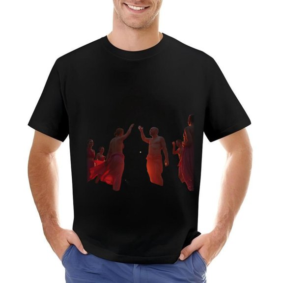 Men's Cotton Short Sleeve T-Shirt with Vibrant Red Dance Pattern Design - Mystical and Serene Style for Everyday Wear