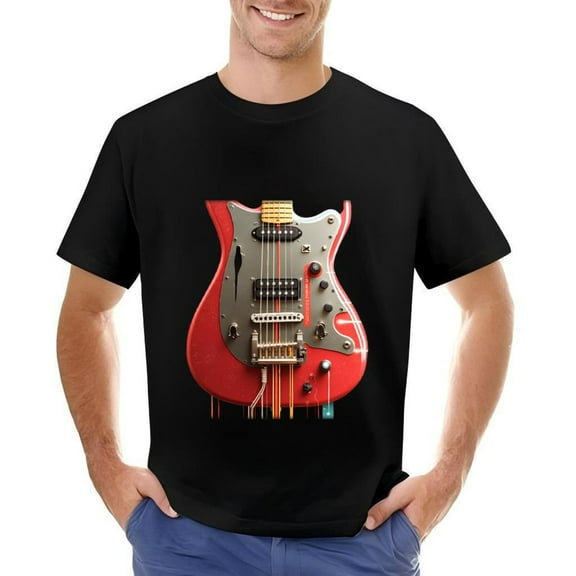 Men's Cotton Short Sleeve T-Shirt with Vibrant Red Electric Guitar Design Modern Aesthetic Glossy Finish Pattern Artistic Graphic Tee
