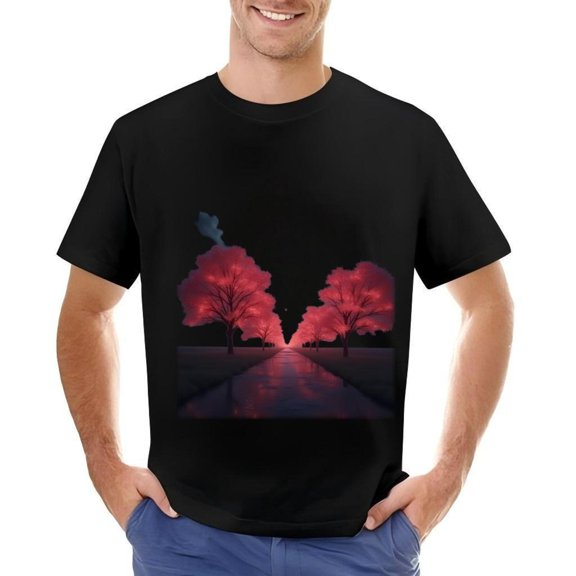 Men's Cotton Short Sleeve T-Shirt with Vibrant Red Pathway and Symmetrical Tree Design Perfect for Casual Wear