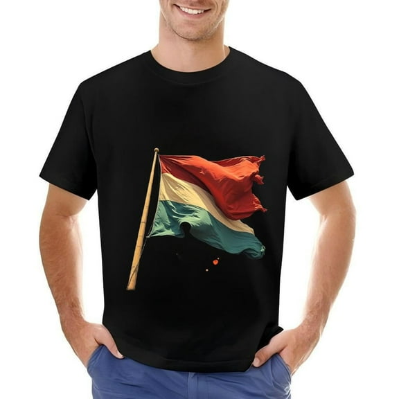Men's Cotton Short Sleeve T-Shirt with Vibrant Red Yellow and Green Horizontal Stripes Flag Design Waving Flag Graphic Tee
