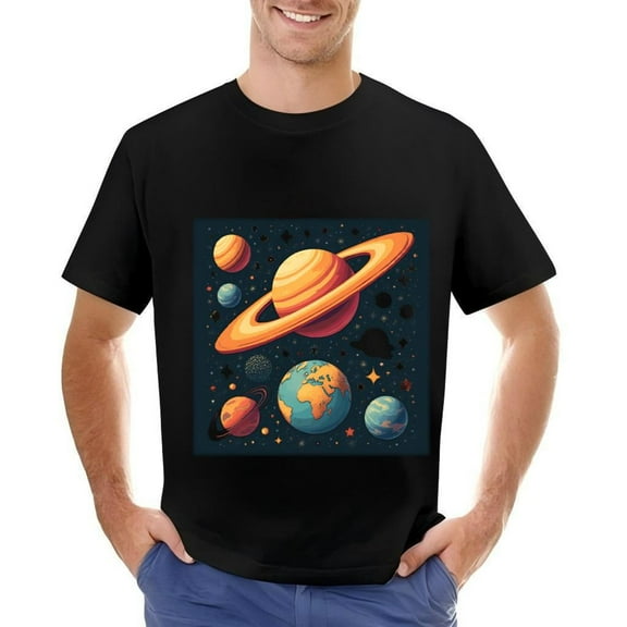 Men's Cotton Short Sleeve T-Shirt with Vibrant Solar System Design Featuring and Colorful Planets
