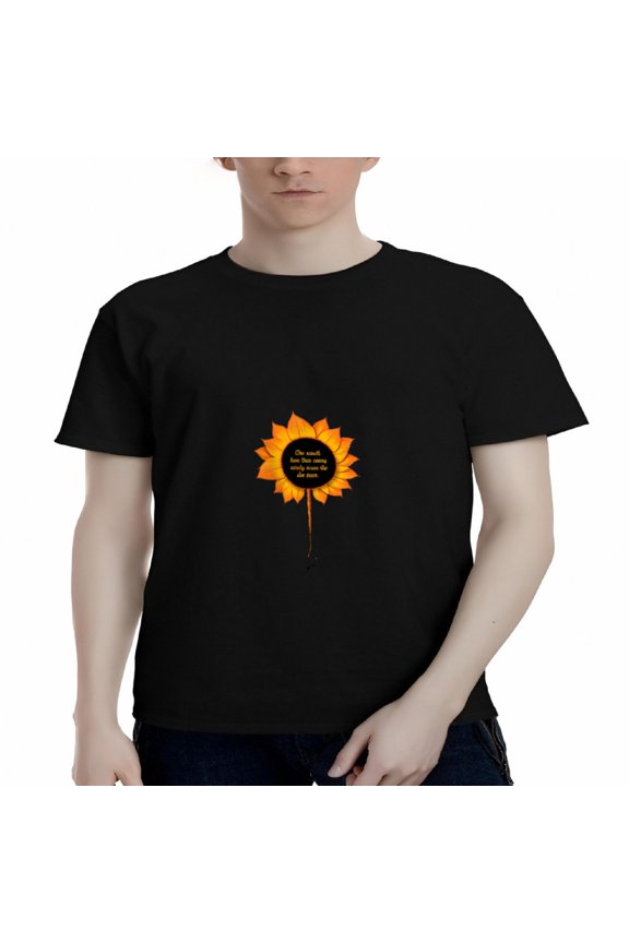 Men's Cotton Short Sleeve T-Shirt with Vibrant Sunflower Design - Inspiring Quote " I ' m sure the sun will rise again tomorrow "