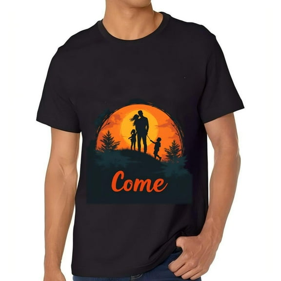 Men's Cotton Short Sleeve T-Shirt with Vibrant Sunset Family Design - Bold Orange ' Come ' Graphic Tee