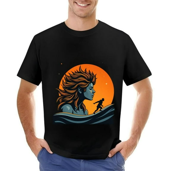 Men's Cotton Short Sleeve T-Shirt with Vibrant Sunset Wave Design Flowing Hair & Running - Energetic Style