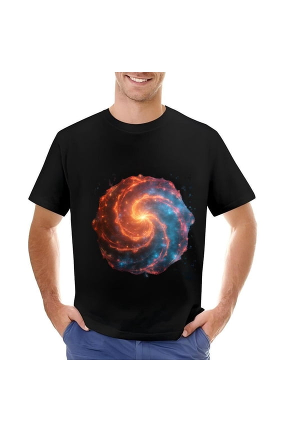 Men's Cotton Short Sleeve T-Shirt with Vibrant Swirl Design in Bright Orange and Blue Hues