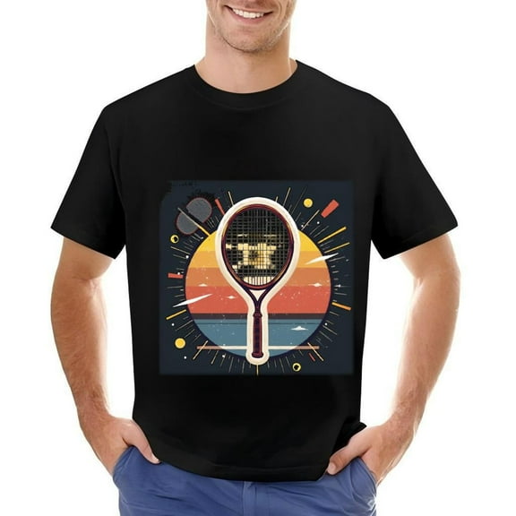 Men's Cotton Short Sleeve T-Shirt with Vibrant Tennis Racket Design and Abstract Geometric Patterns - Sporty Artistic Style