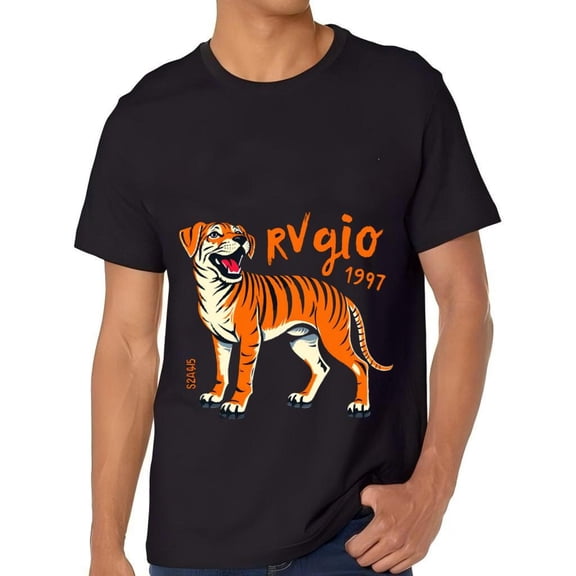 Men's Cotton Short Sleeve T-Shirt with Vibrant Tiger - Like Dog Illustration ' RV 1997 ' Text - Bold Artistic Design