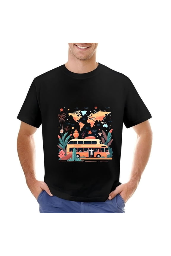 Men's Cotton Short Sleeve T-Shirt with Vibrant Tropical Bus and World Map Design