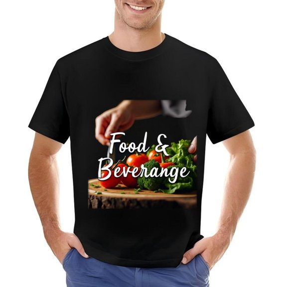 Men's Cotton Short Sleeve T-Shirt with Vibrant Vegetable Design - Fresh Tomatoes & Broccoli on Board - Perfect for & Beverage Lovers