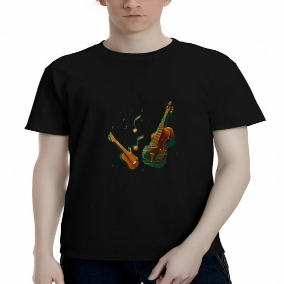 Men's Cotton Short Sleeve T-Shirt with Vibrant Violin and Guitar Graphic Musical Notes Design Artistic Music Theme Tee