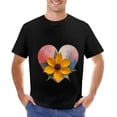 thumbnail image 1 of Men's Cotton Short Sleeve T-Shirt with Vibrant Yellow Flower and Heart Design on Dark Background, 1 of 7