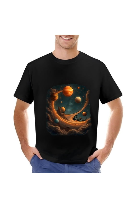 Men's Cotton Short Sleeve T-Shirt with Vibrant and Planet Design - Unique Space-Themed Graphic Tee