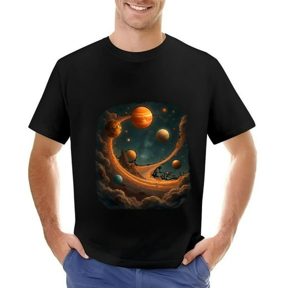 Men's Cotton Short Sleeve T-Shirt with Vibrant and Planet Design - Unique Space-Themed Graphic Tee