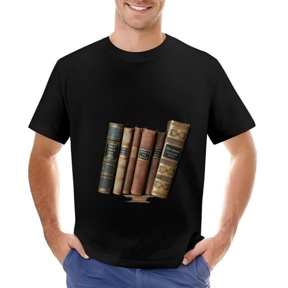 Men's Cotton Short Sleeve T-Shirt with Vintage Books Design - Colorful Spines with Gold Bindings