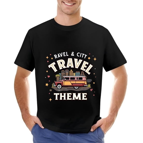 Men's Cotton Short Sleeve T-Shirt with Vintage Bus Graphic Trees & Stars - Travel Theme