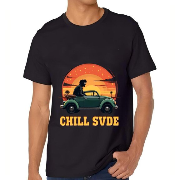 Men's Cotton Short Sleeve T-Shirt with Vintage Car Sunset Design SVDE Graphic Tee Perfect for Casual Wear