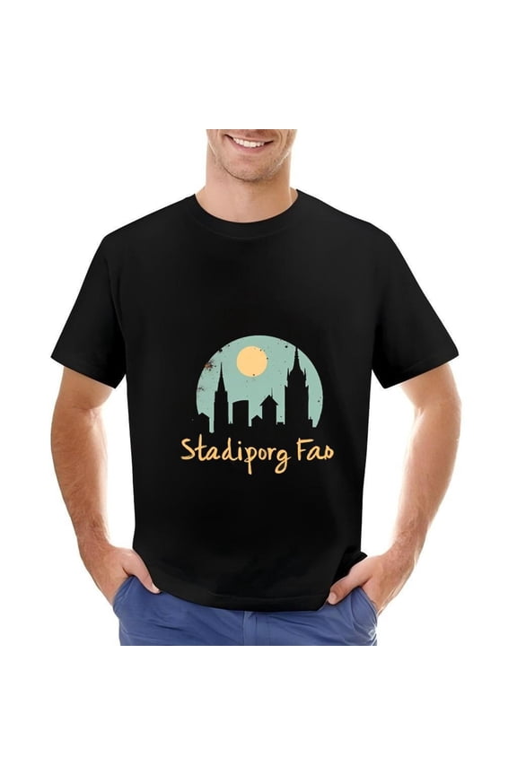 Men's Cotton Short Sleeve T-Shirt with Vintage City Graphic and Yellow Moon Design - " Stadioporg Fau "