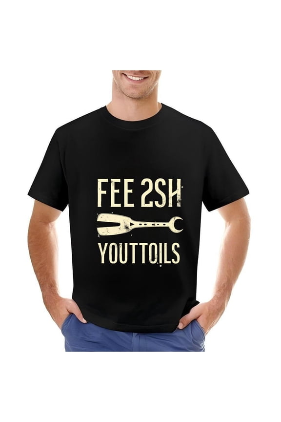 Men's Cotton Short Sleeve T-Shirt with Vintage ' FEE 2SH YOUTOIILS ' Graphic Wrench & Tool Illustration Rugged Style