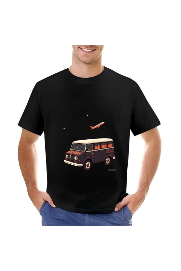 Men's Cotton Short Sleeve T-Shirt with Vintage Van Illustration Cream Roof Orange Silhouettes & Airplane Design