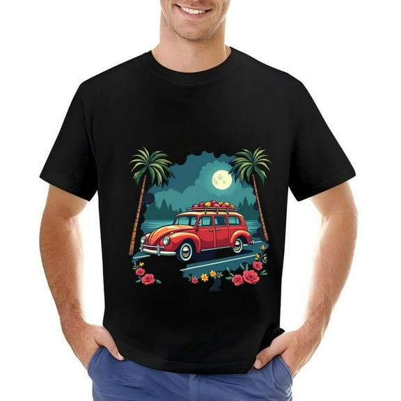 Men's Cotton Short Sleeve T-Shirt with Vintage and Tropical Tree Design & Serenity Inspired Graphic Tee