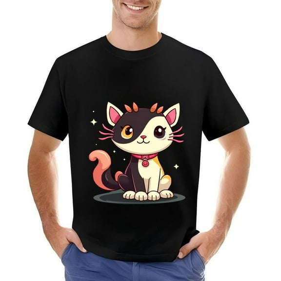 Men's Cotton Short Sleeve T-Shirt with Whimsical Cartoon Cat Design Large Expressive Eyes Fluffy Tail and Playful Star Background