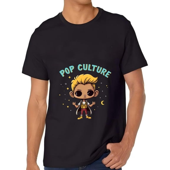 Men's Cotton Short Sleeve T-Shirt with Whimsical Cartoon Character Design ' POP CULTURE ' Text Stars & Moon Pattern