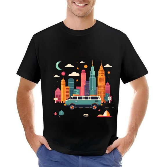 Men's Cotton Short Sleeve T-Shirt with Whimsical Cityscape Pattern - Colorful Buildings Vintage Van & Design