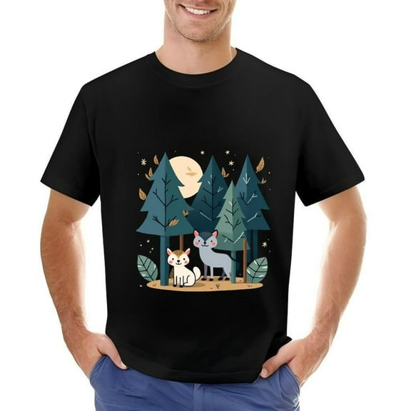 Men's Cotton Short Sleeve T-Shirt with Whimsical Forest Scene Stylized Trees Moon & Foxes Design Enchanting Blue & Green Colors