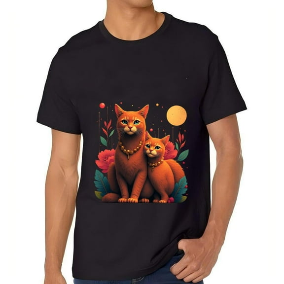 Men's Cotton Short Sleeve T-Shirt with Whimsical Orange Cats and Floral Design Golden Necklaces Moon & Spheres