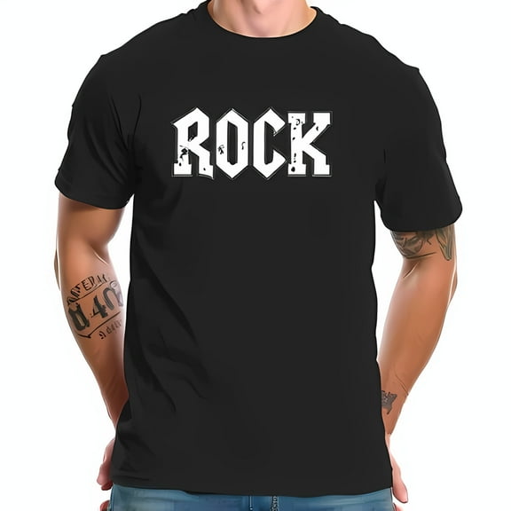 Men's Cotton Short Sleeve T-Shirt with White 'ROCK' Graphic - Vintage Style