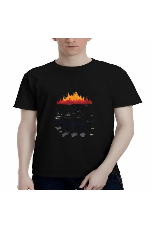 Men's Cotton Short Sleeve T-Shirts - Bold Silhouette Design with Fiery Flame Pattern Perfect for Casual Wear and Statement Style
