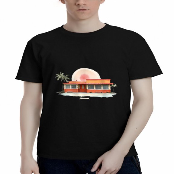 Men's Cotton Short Sleeve T-Shirts - Retro Beach Vibe with Palm Trees & Sun Graphic - Stylish Tee Tops for Summer Fun