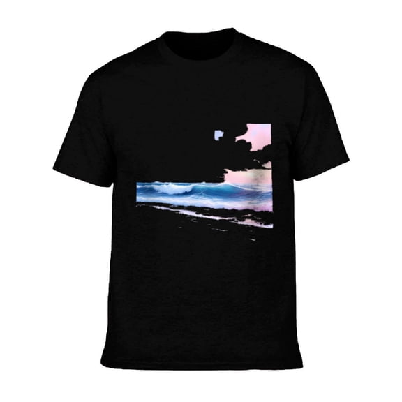 Men's Cotton Short Sleeve T-Shirts - Serene Beach Scene Design with Pastel Waves and Sky Reflection Perfect for Relaxed Summer Vibes