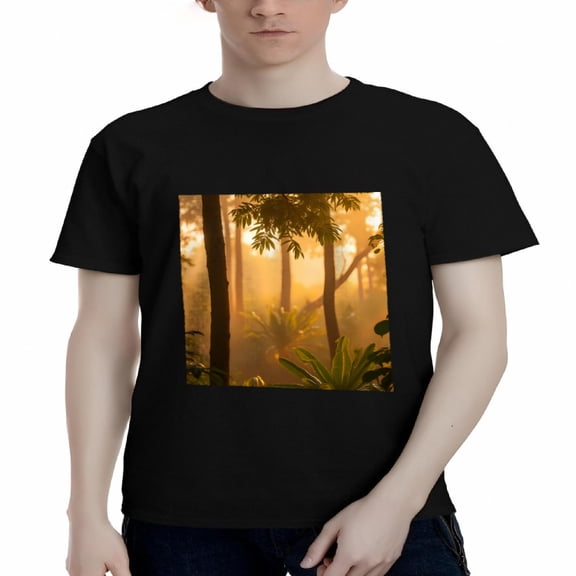 Men's Cotton Short Sleeve T-Shirts - Serene Forest Scene Design Warm Sunlight Greenery Perfect for Nature Lovers
