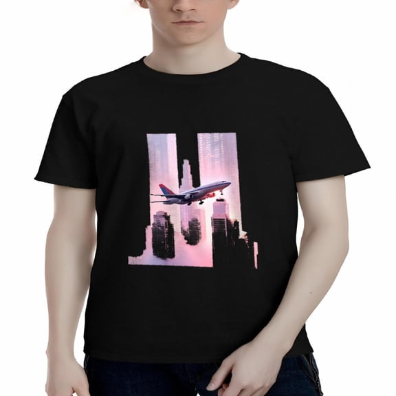 Men's Cotton Short Sleeve T-Shirts - Stylish Airplane & Cityscape Design Soft Pink Hues Perfect for Travel Enthusiasts