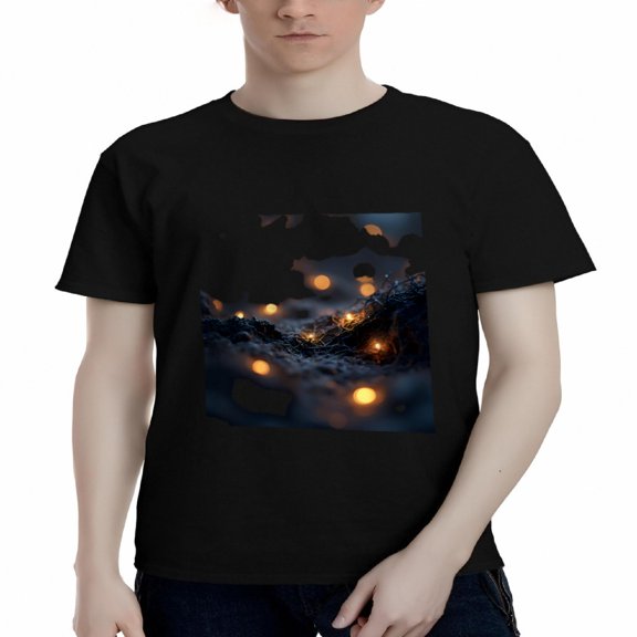 Men's Cotton Short Sleeve T-Shirts - Textured Surface with Glowing Orange Lights Dynamic Ethereal Pattern Design Casual Tee Tops