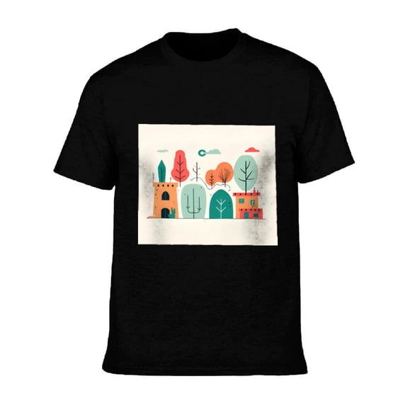Men's Cotton Short Sleeve T-Shirts - Whimsical Landscape Design with Colorful Trees & Vintage Aesthetic Tee Tops